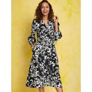 Talbots Womens Shirtdress Sz 4 Petite Black White Polka Dot Butterflies Midi